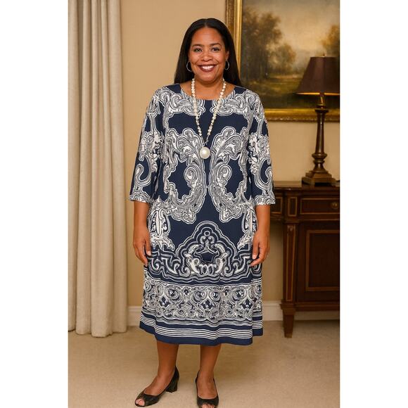 INC Plus Size 3X Navy & White Scroll Print Dress – Boat Neck, 3/4 Sleeve - Picture 1 of 6